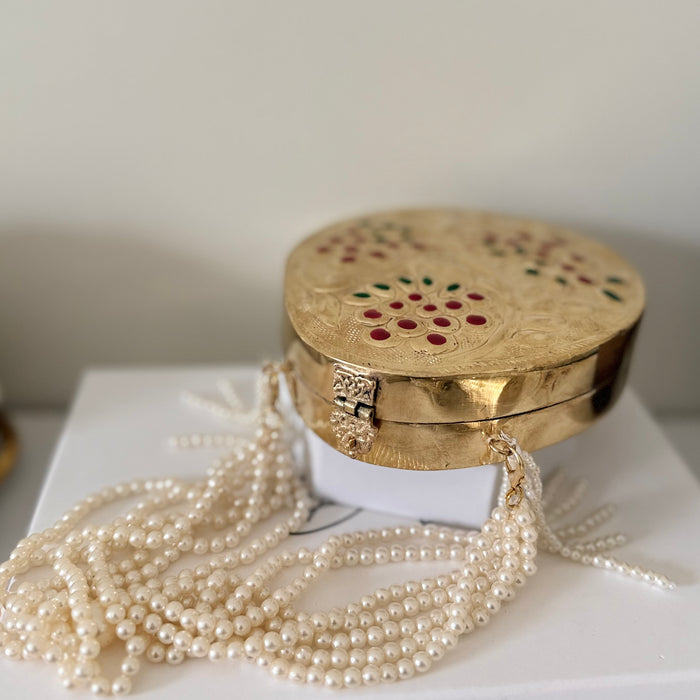 Brass Clutch with Pearl Handle – Dual-Look Statement Piece