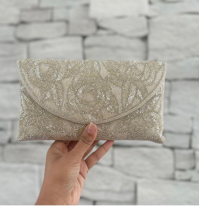 Handmade Beaded Bridal Clutch: Ivory White Evening Purse
