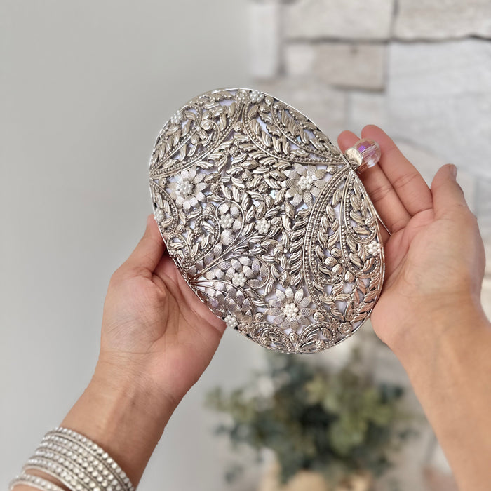 Silver Mother of Pearl Bridal Clutch | Brass Floral Evening Bag