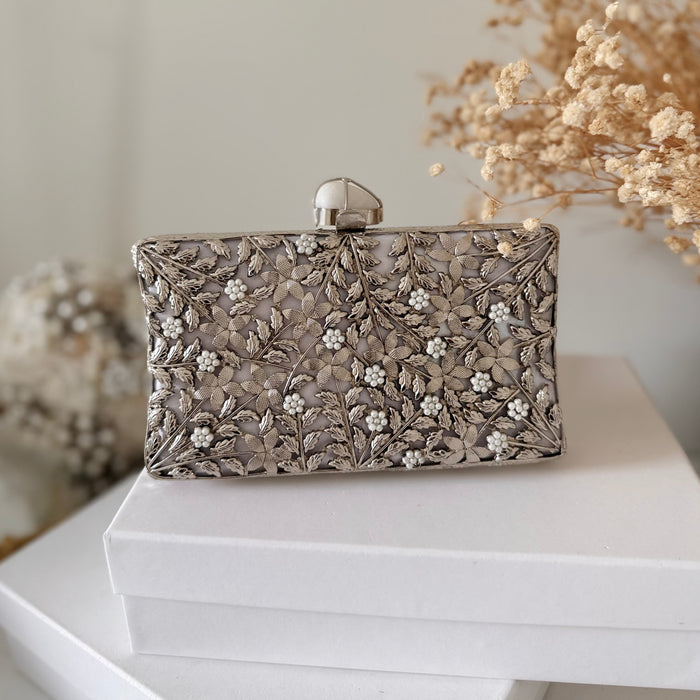 Silver Motif Bridal Clutch: Mother of Pearl & Brass Evening Bag