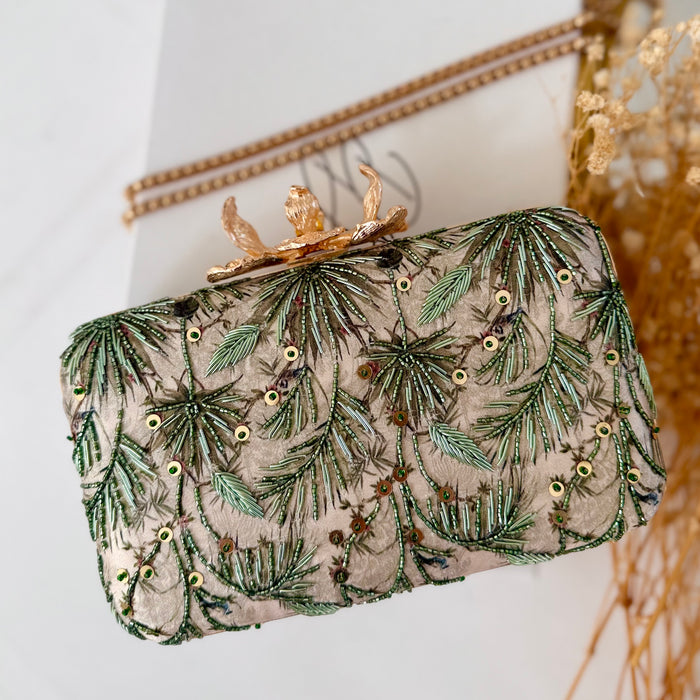 Hand-Embroidered Nature Inspired Leaf Clutch