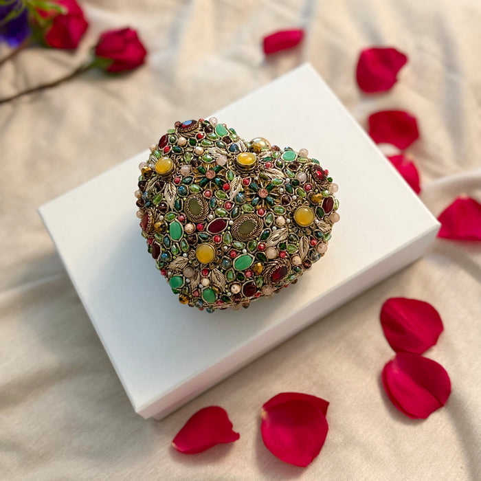 Royal Kundan Gemstone Clutch: Multicolor Hand-Embroidered Heart-Shaped Clutch