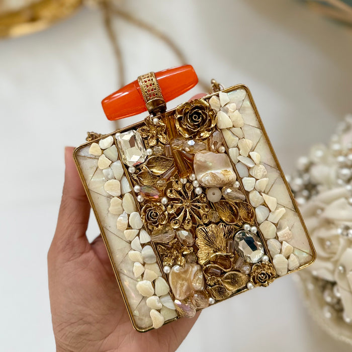 Mini Mother of Pearl Clutch : Gold Statement Clutch