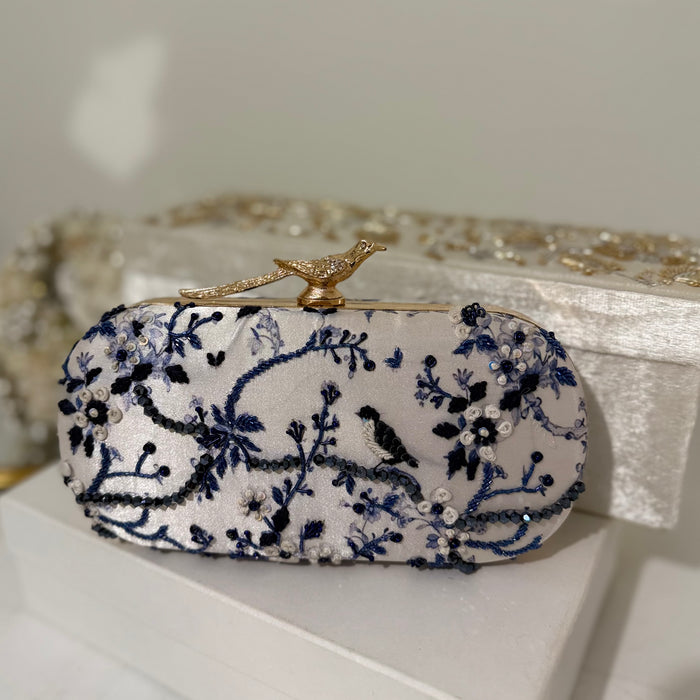 Floral Zardosi Bridal Clutch: Navy Blue Zardozi Work Printed Wedding Clutch With Bird Knob