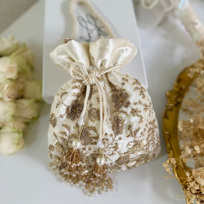 Ivory Zardozi Work Bridal Potli Bag: Wedding Evening Bag