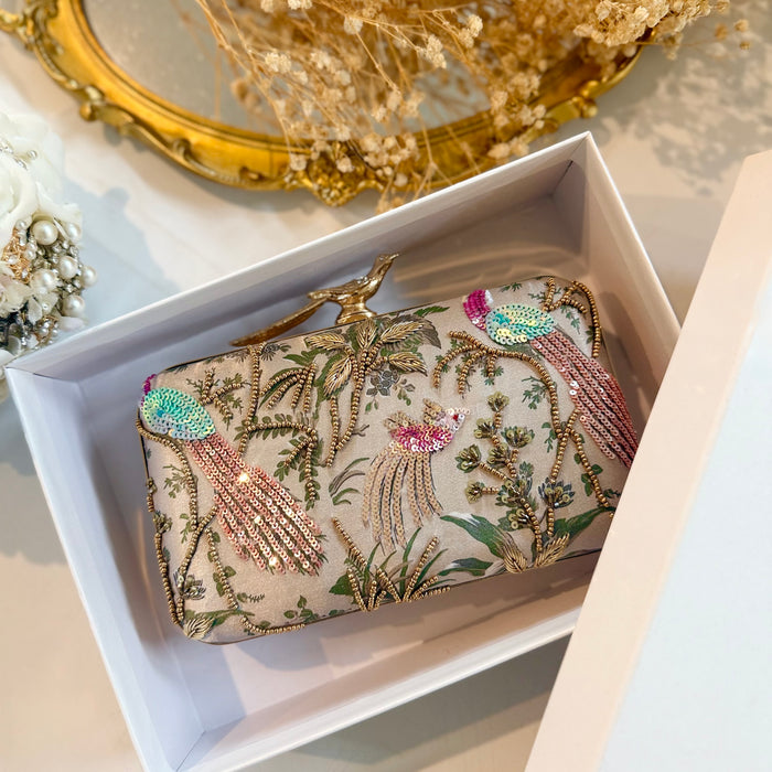 Multicolor Peacock Clutch | Hand-Embroidered Clutch With Bird Knob