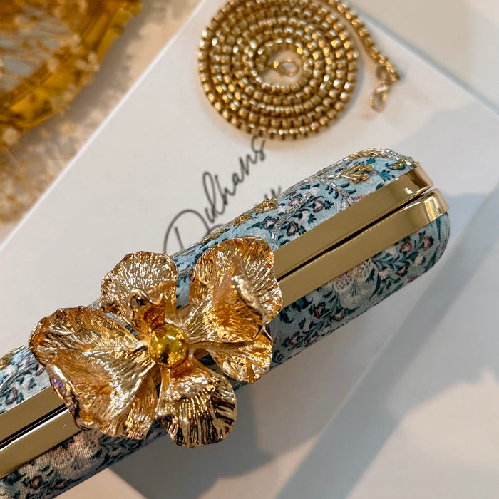 Teal Blue Hand-Embroidered Clutch With Large Flower Clasp 