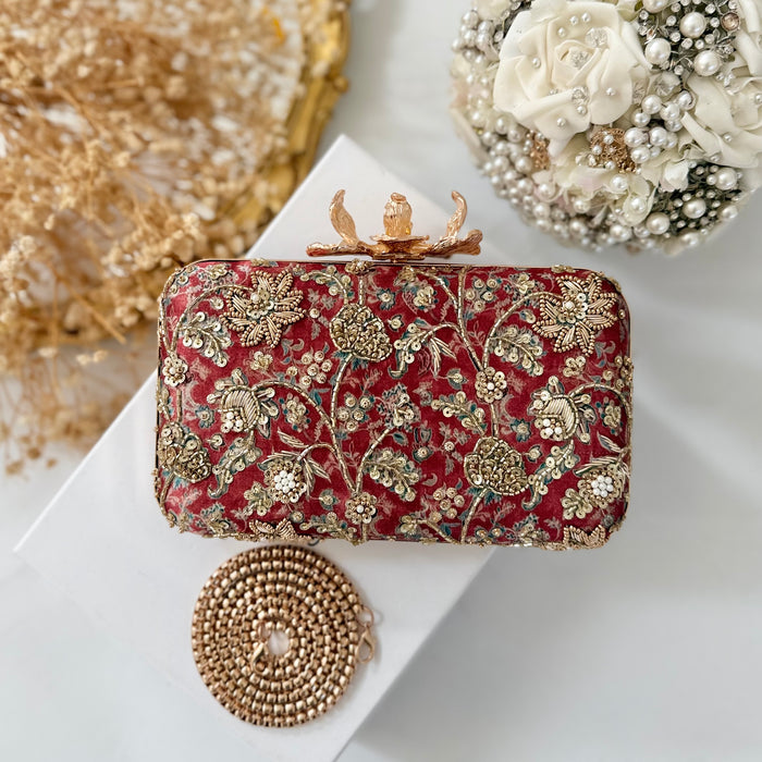 Rusty Red Hand-Embroidered Clutch Bag |Printed Floral Purse