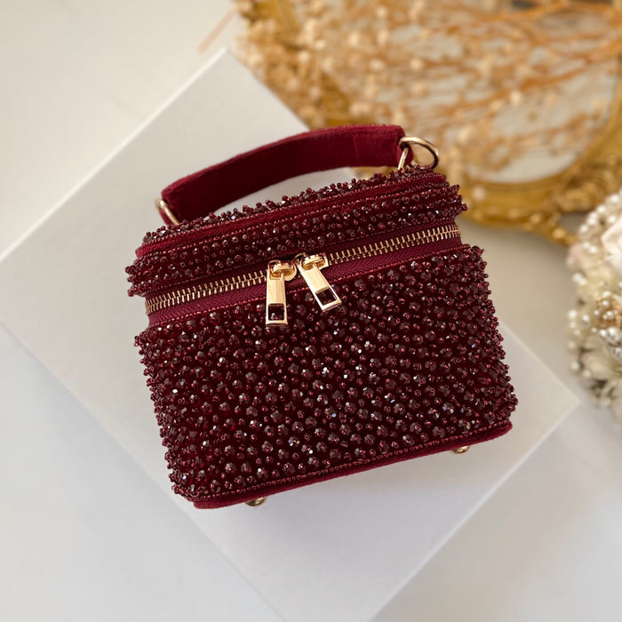 Maroon Crystal Mini Vanity Case Bag | Bridal Evening Bag