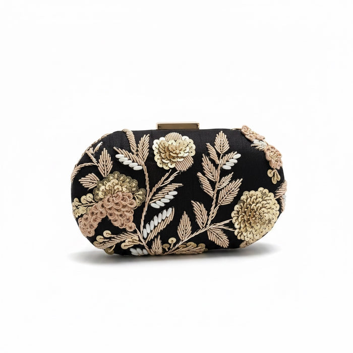 Black Floral Clutch Bag | Traditional Zardosi & Sequins Work Purse