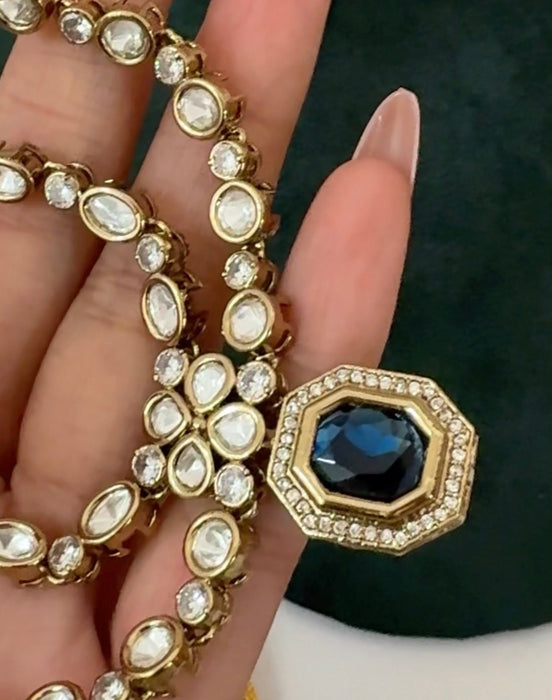 Navy Blue Kundan Necklace Set: Necklace and Earring Set