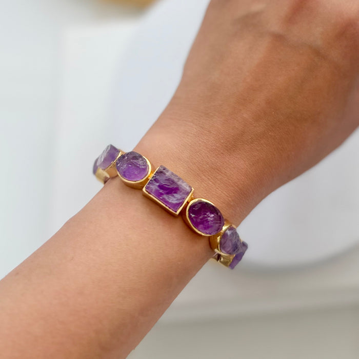 Natural Amethyst Bracelet with Brass - Statement Jewelry