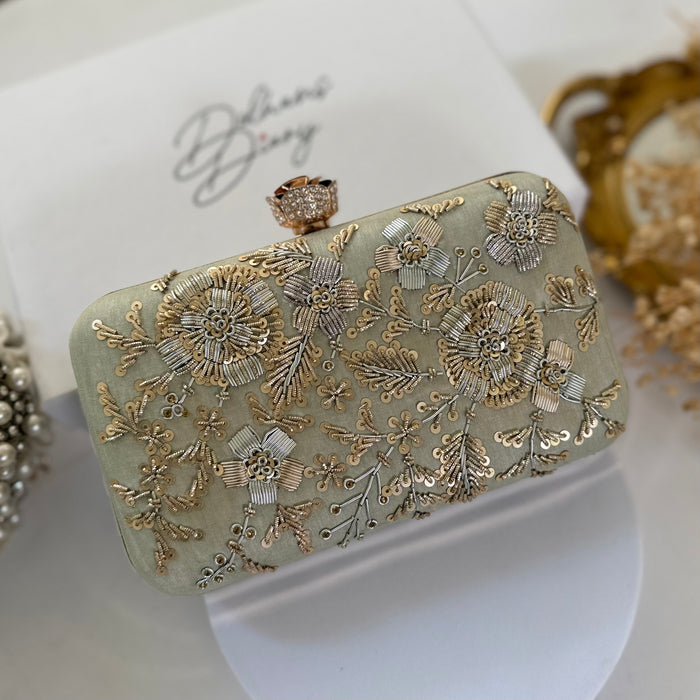 Sage Green Handcrafted Clutch | Dual Tone Zardozi Work