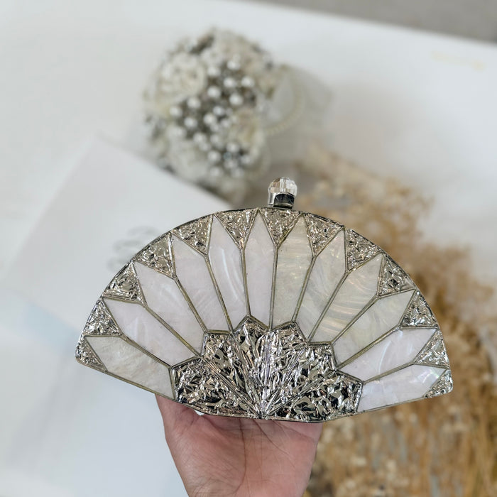 Mother of Pearl Statement Clutch: Silver Plated Fan Clutch