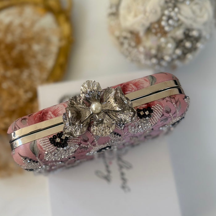 Hand-Embroidered Clutch Bag | Pink Floral Purse