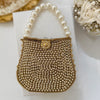 Mini Gold Crystal Bridal Clutch: Pearl Handle Wedding Evening Bag