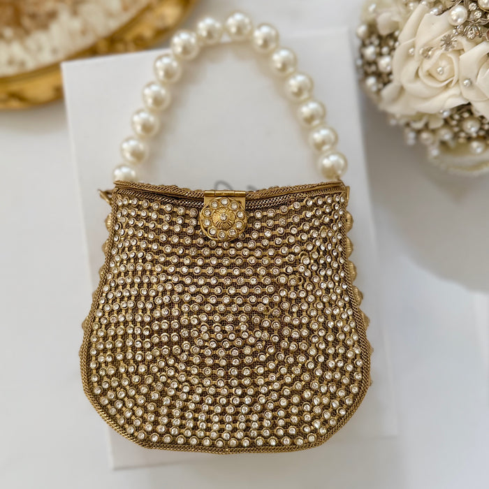 Mini Gold Crystal Bridal Clutch: Pearl Handle Wedding Evening Bag