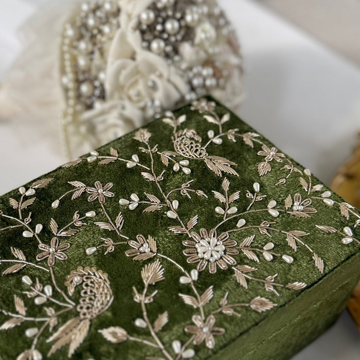 Olive Green Velvet Zardozi Work Kalira Box