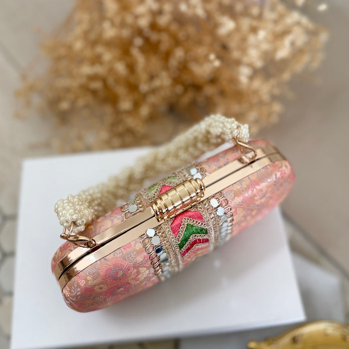 Multi-Color Banarasi Clutch: Banarasi Ethnic Clutch with Beaded Handle