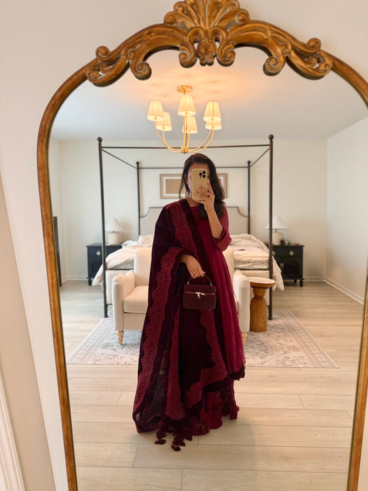 Maroon Crystal Vanity Case Bag | Suede Bridal Evening Bag