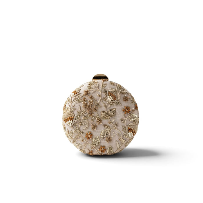 Beige Round Shape Mini Clutch: Handmade Statement Bag