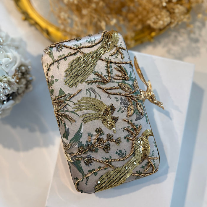 Sage Green Peacock Clutch | Hand-Embroidered Clutch With Bird Knob