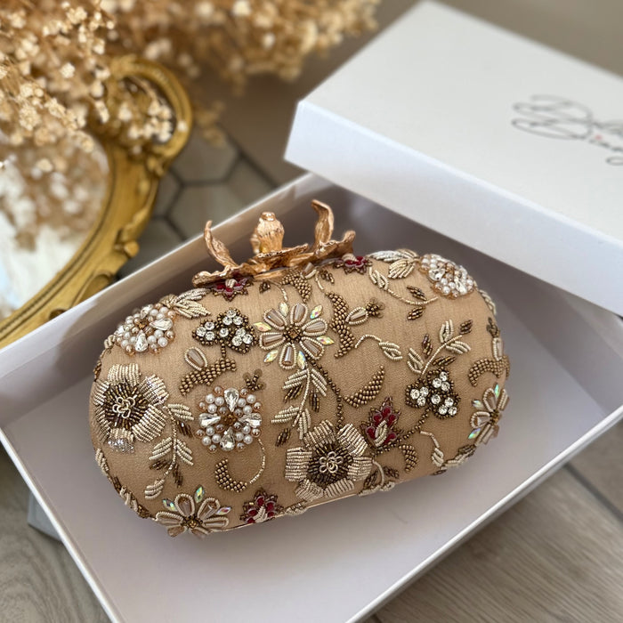 Antique Gold Bridal Clutch: Hand Embroidered Floral Evening Bag