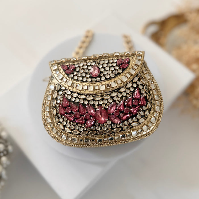 Hot Pink Kundan Mini Clutch: Metal Statement Bag