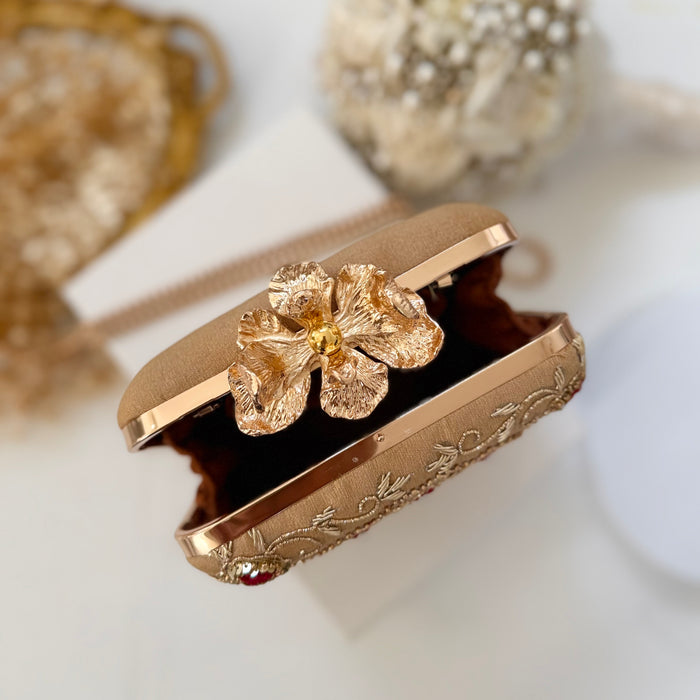 Mughal Inspired Clutch | Zardozi Elephant Motif & Large Flower Knob