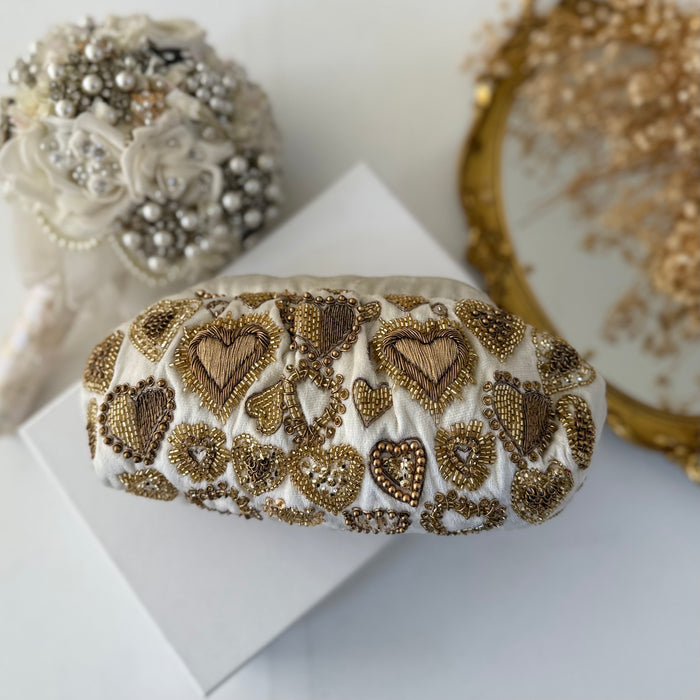 Ivory Velvet Evening Pouch Bag | Traditional Zardosi Embroidery
