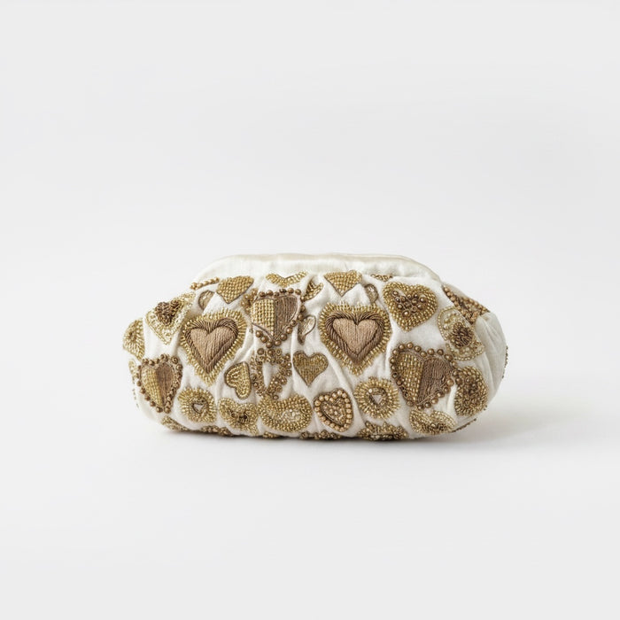 Ivory Velvet Evening Pouch Bag | Traditional Zardosi Embroidery