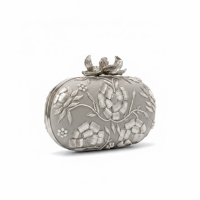 Silver Floral Zardosi Clutch: Raw Silk Bridal Evening Bag