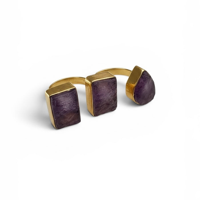 Natural Amethyst Three Stone Ring with Brass - Statement Jewelry