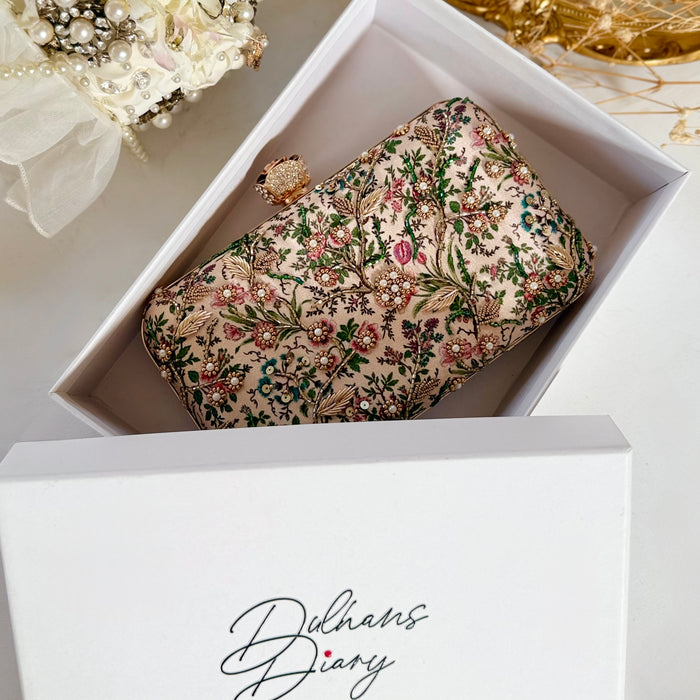 Green and Fuchsia Floral Clutch | Hand-Embroidered Floral Clutch with Rose Clasp
