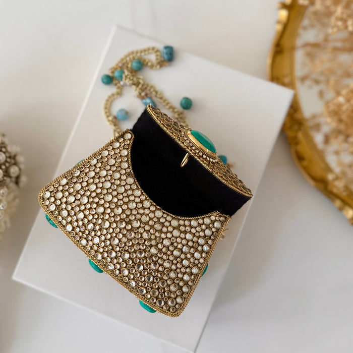 Natural Turquoise Gemstone Mini Clutch | Kundan Detailing on Brass Frame