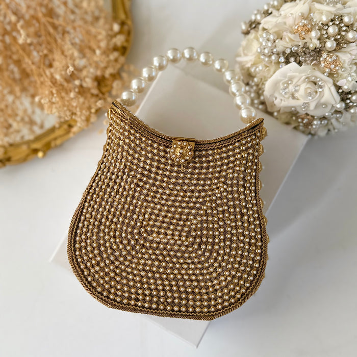 Bridal Pearl Metal Clutch: Gold Top Handle Bag