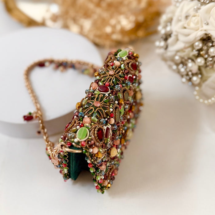 Royal Kundan Gemstone Clutch: Multicolor Hand-Embroidered Mini Clutch