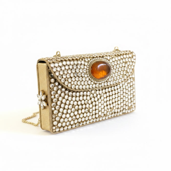 Natural Oval Brown Onyx Gemstone Clutch | Kundan Detailing on Brass Frame