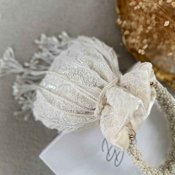 Ivory Beaded Potli Bag: Beaded Wedding Day Bag