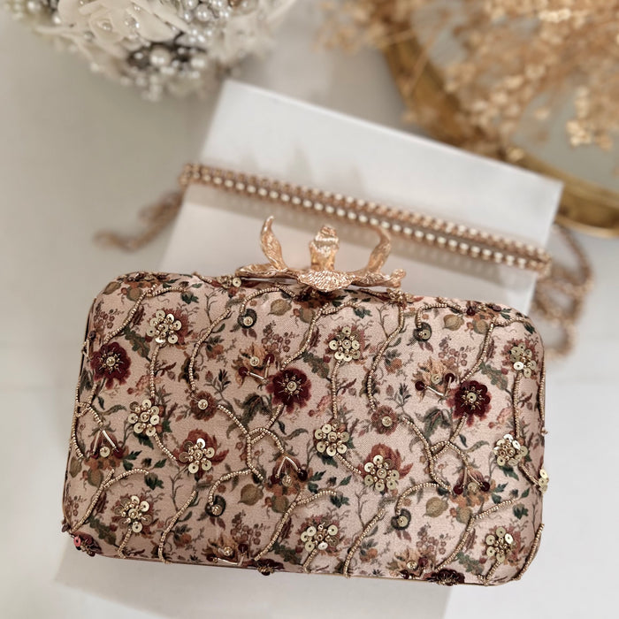 Hand-Embroidered Clutch Bag | Champagne Floral Purse