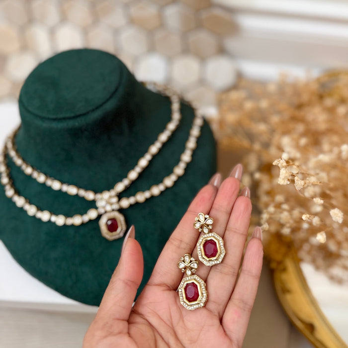 Ruby Red Kundan Necklace Set: Necklace and Earring Set