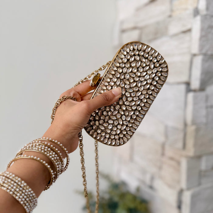 Handmade Kundan Bridal Clutch: Gold Evening Bag with Chain