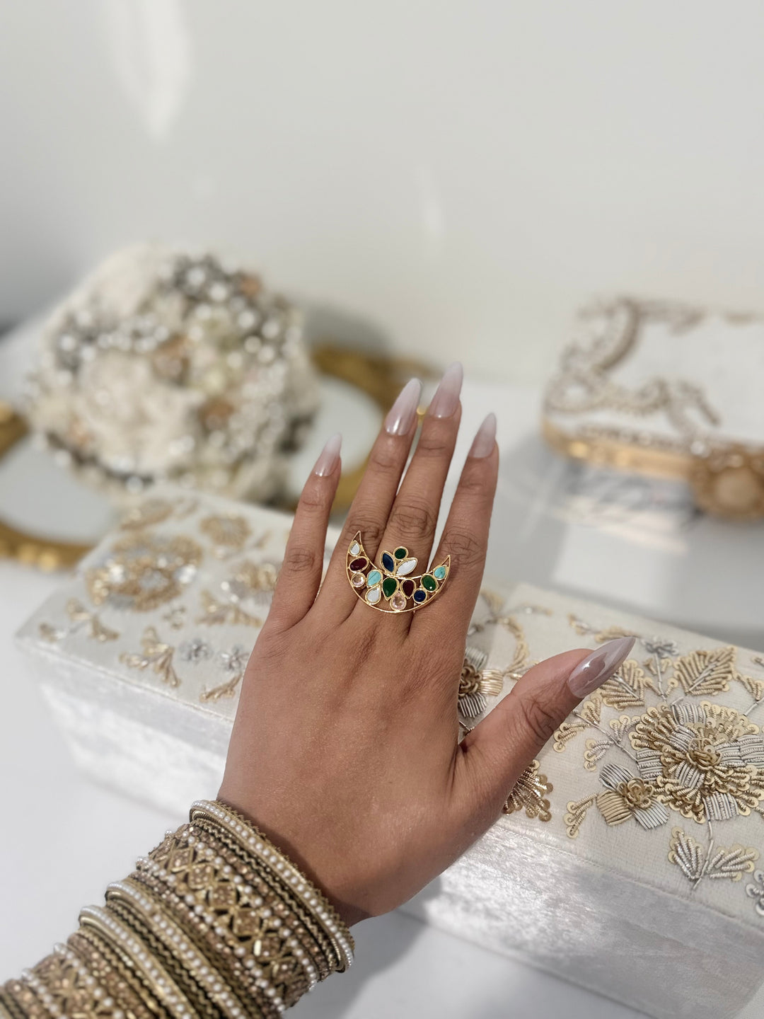 Moon Inspired Ring : Gold Finish Bridal Ring With Kundan and Brass