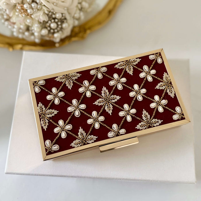 Maroon Velvet Bridal Clutch Zardozi Work Clutch