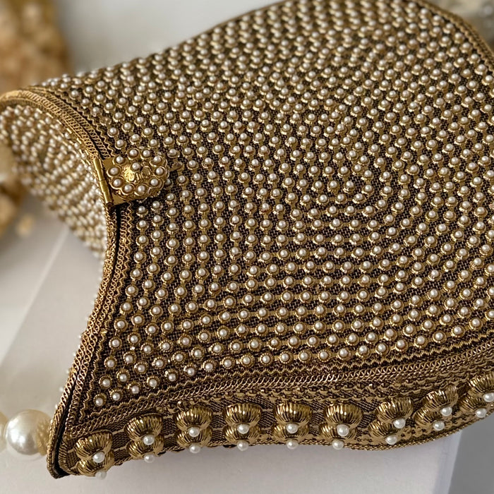 Bridal Pearl Metal Clutch: Gold Top Handle Bag