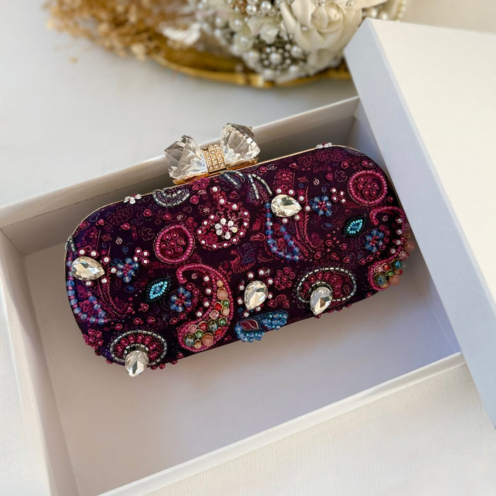 Purple Paisley Jewel Clutch | Hand-embroidered Clutch with Bow Clasp