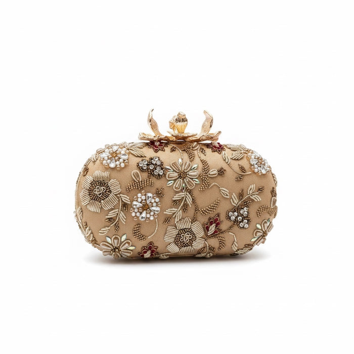 Antique Gold Bridal Clutch: Hand Embroidered Floral Evening Bag