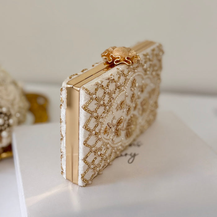 Beaded Ivory Velvet Bridal Clutch: Zardosi Wedding Purse