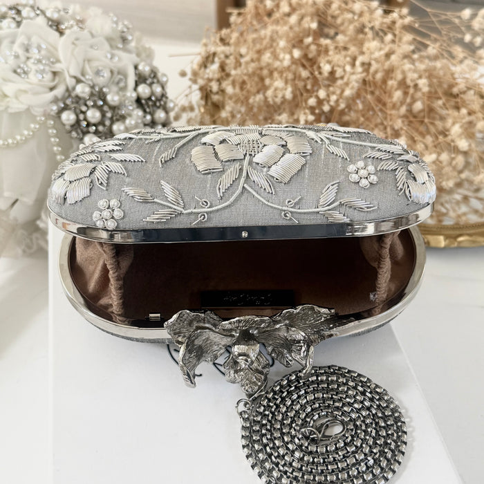 Silver Floral Zardosi Clutch: Raw Silk Bridal Evening Bag