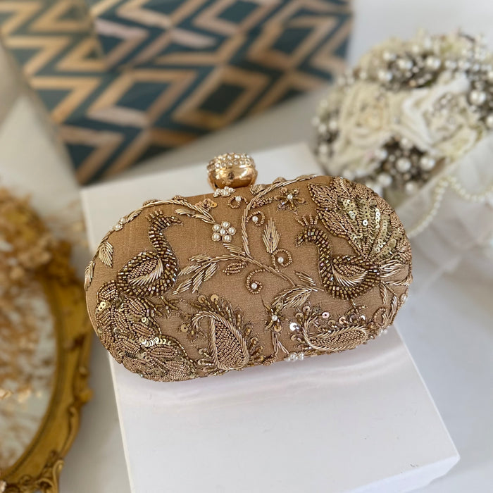 Gold Peacock Zardozi Embroidered Clutch|Gold Evening Bag